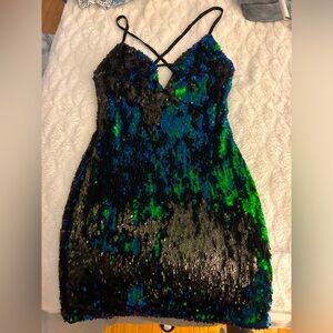 Blue, Black, and Green Sequin Dress